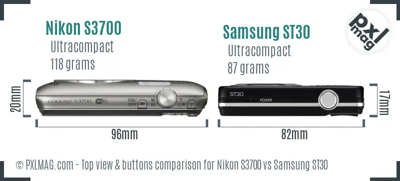 Nikon S3700 vs Samsung ST30 top view buttons comparison