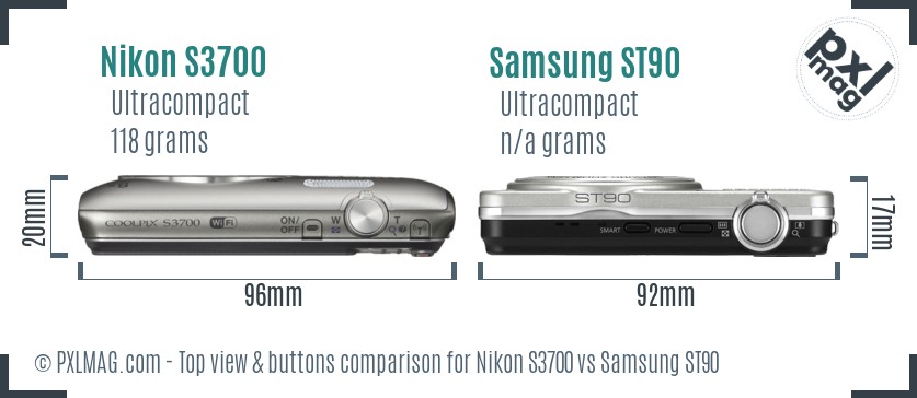 Nikon S3700 vs Samsung ST90 top view buttons comparison