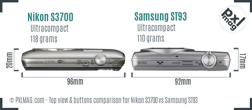 Nikon S3700 vs Samsung ST93 top view buttons comparison