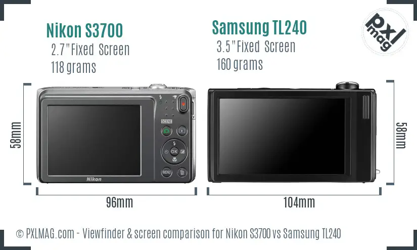 Nikon S3700 vs Samsung TL240 Screen and Viewfinder comparison