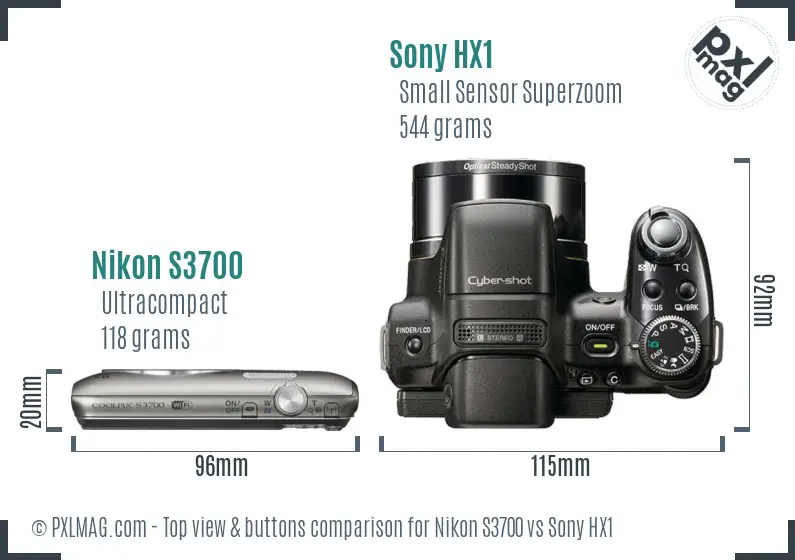 Nikon S3700 vs Sony HX1 top view buttons comparison