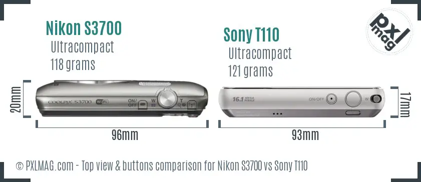 Nikon S3700 vs Sony T110 top view buttons comparison