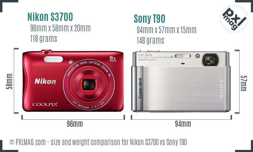 Nikon S3700 vs Sony T90 size comparison