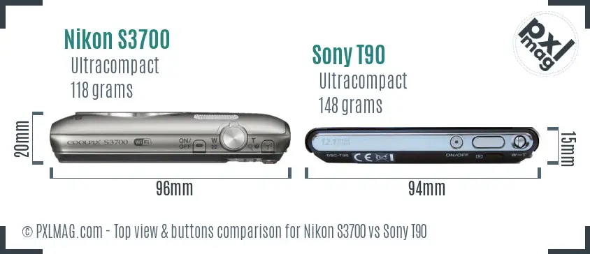 Nikon S3700 vs Sony T90 top view buttons comparison