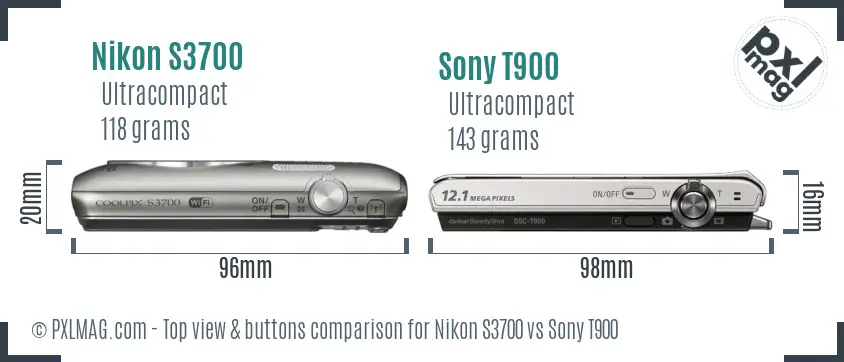 Nikon S3700 vs Sony T900 top view buttons comparison