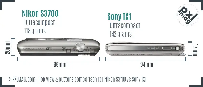 Nikon S3700 vs Sony TX1 top view buttons comparison