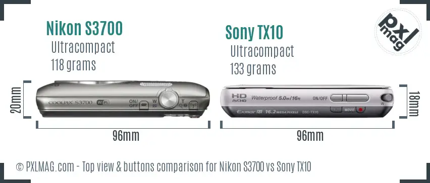 Nikon S3700 vs Sony TX10 top view buttons comparison