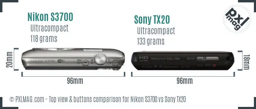 Nikon S3700 vs Sony TX20 top view buttons comparison