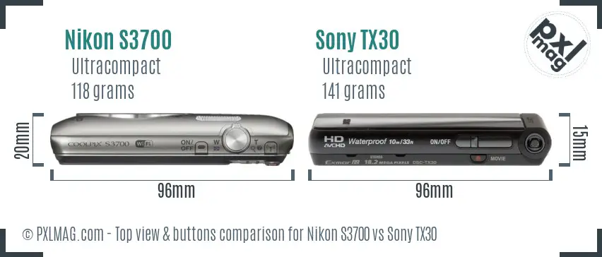 Nikon S3700 vs Sony TX30 top view buttons comparison