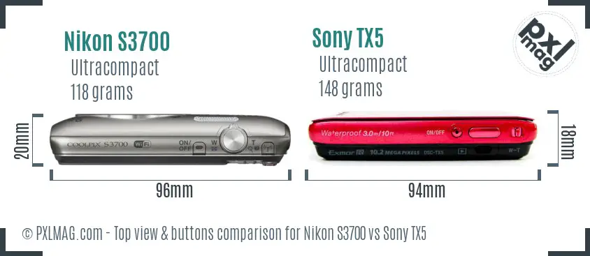 Nikon S3700 vs Sony TX5 top view buttons comparison