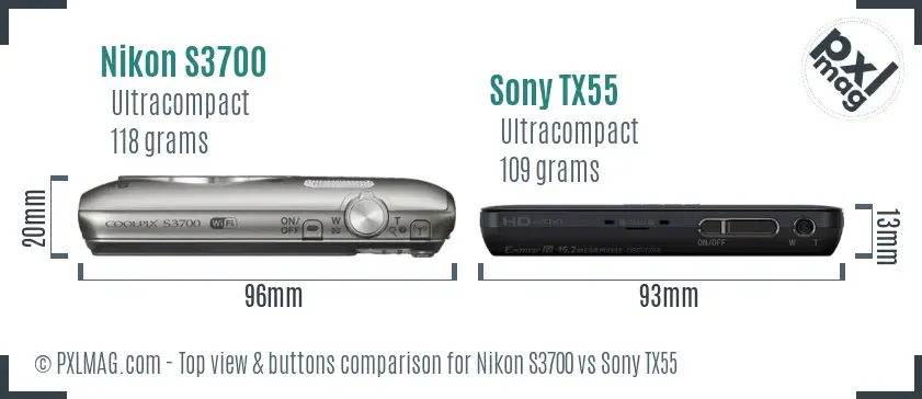 Nikon S3700 vs Sony TX55 top view buttons comparison