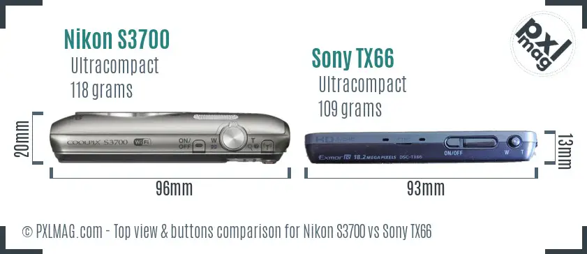 Nikon S3700 vs Sony TX66 top view buttons comparison