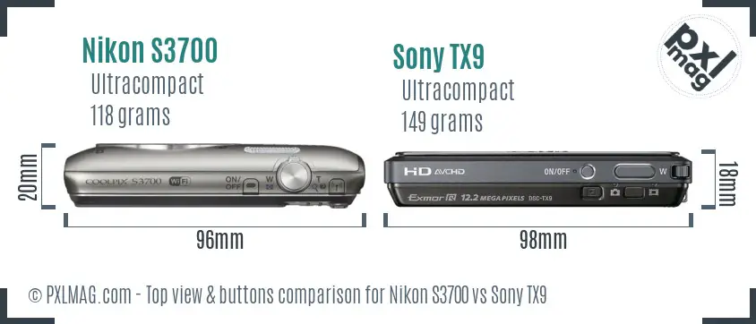 Nikon S3700 vs Sony TX9 top view buttons comparison