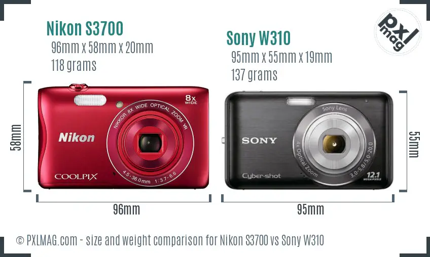 Nikon S3700 vs Sony W310 size comparison