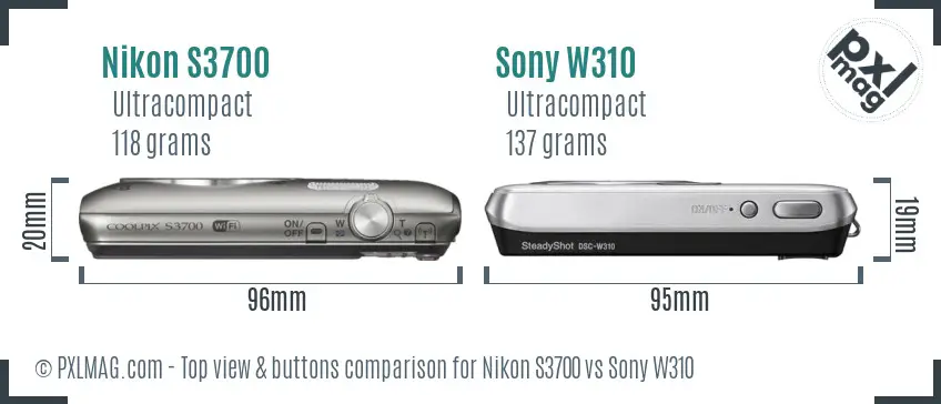 Nikon S3700 vs Sony W310 top view buttons comparison