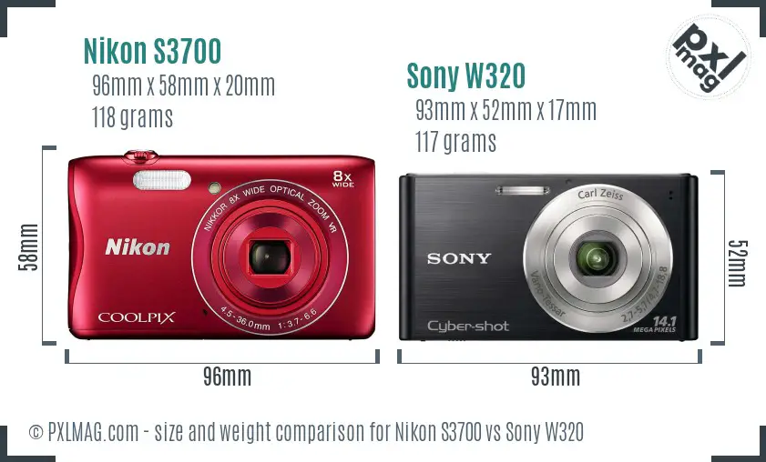 Nikon S3700 vs Sony W320 size comparison