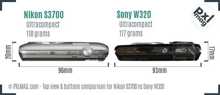 Nikon S3700 vs Sony W320 top view buttons comparison