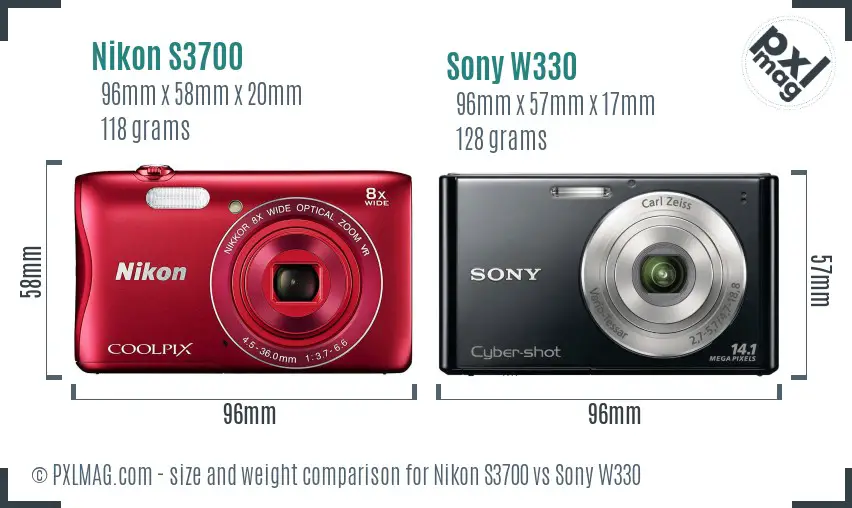 Nikon S3700 vs Sony W330 size comparison