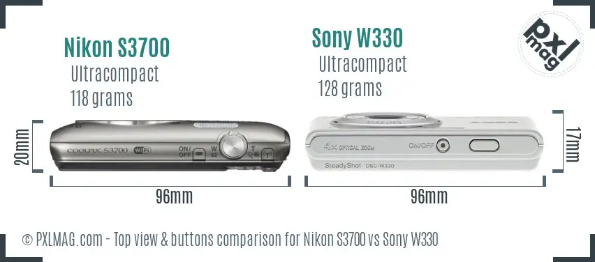 Nikon S3700 vs Sony W330 top view buttons comparison