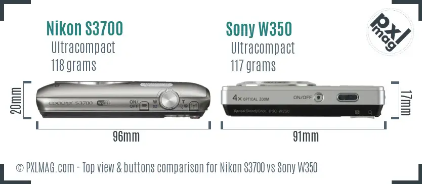 Nikon S3700 vs Sony W350 top view buttons comparison Nikon S3700 vs Sony W350 top view buttons comparison
