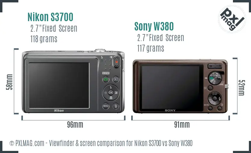 Nikon S3700 vs Sony W380 Screen and Viewfinder comparison