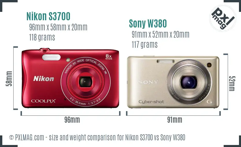 Nikon S3700 vs Sony W380 size comparison