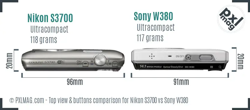 Nikon S3700 vs Sony W380 top view buttons comparison