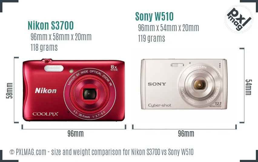 Nikon S3700 vs Sony W510 size comparison