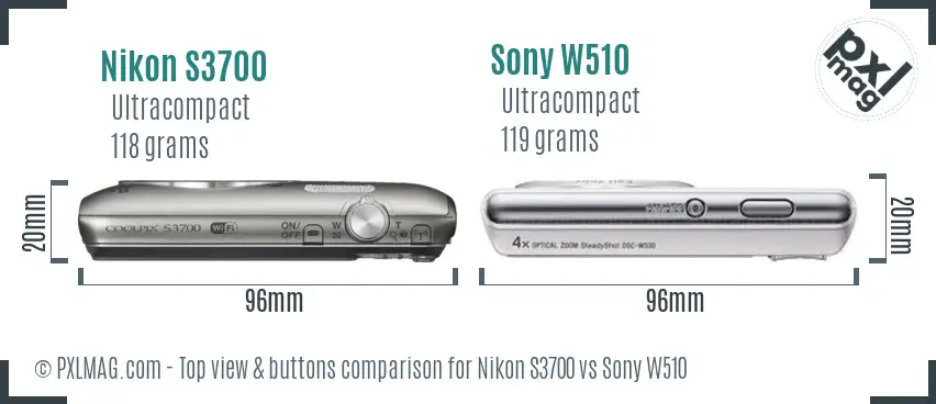 Nikon S3700 vs Sony W510 top view buttons comparison