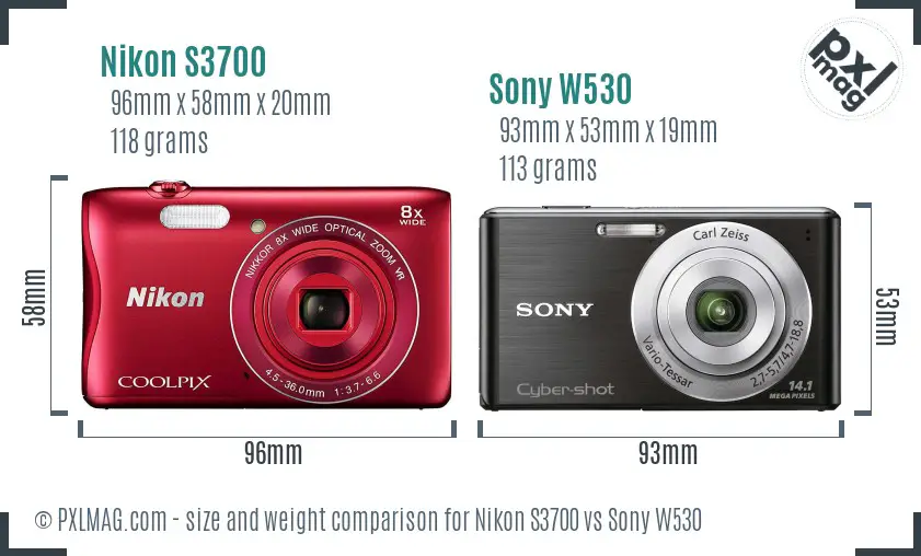Nikon S3700 vs Sony W530 size comparison