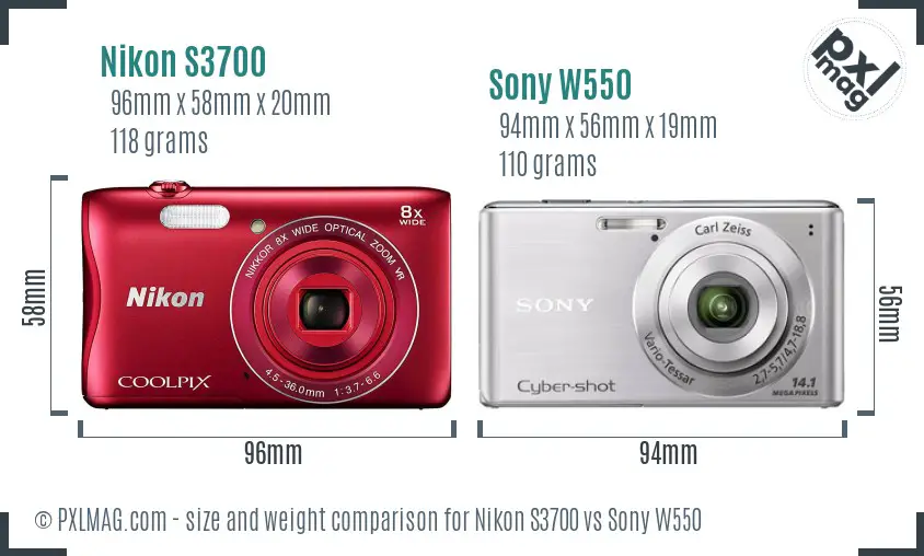 Nikon S3700 vs Sony W550 size comparison