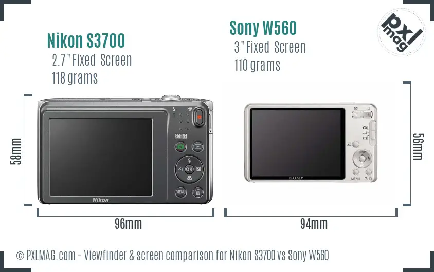 Nikon S3700 vs Sony W560 Screen and Viewfinder comparison