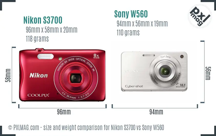 Nikon S3700 vs Sony W560 size comparison