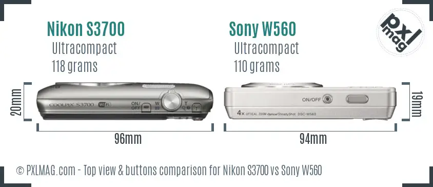 Nikon S3700 vs Sony W560 top view buttons comparison