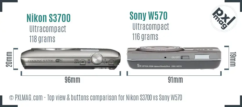 Nikon S3700 vs Sony W570 top view buttons comparison