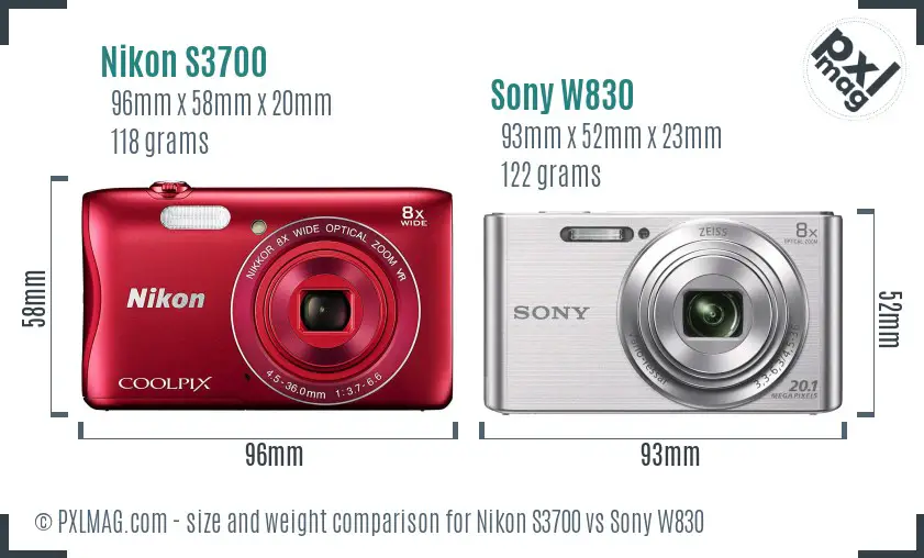 Nikon S3700 vs Sony W830 size comparison