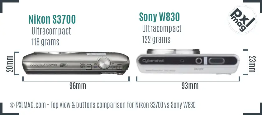 Nikon S3700 vs Sony W830 top view buttons comparison