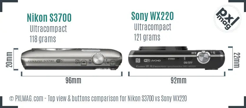 Nikon S3700 vs Sony WX220 top view buttons comparison