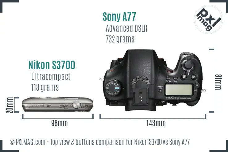 Nikon S3700 vs Sony A77 top view buttons comparison
