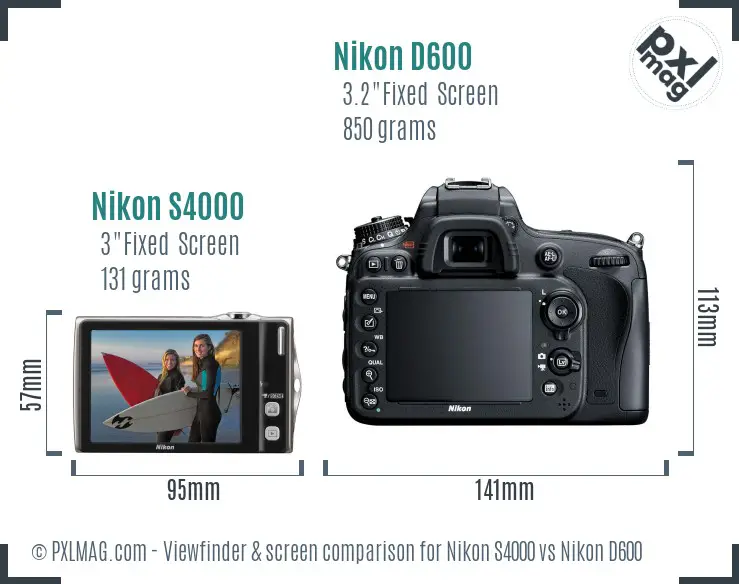 Nikon S4000 vs Nikon D600 Screen and Viewfinder comparison