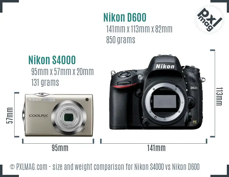 Nikon S4000 vs Nikon D600 size comparison