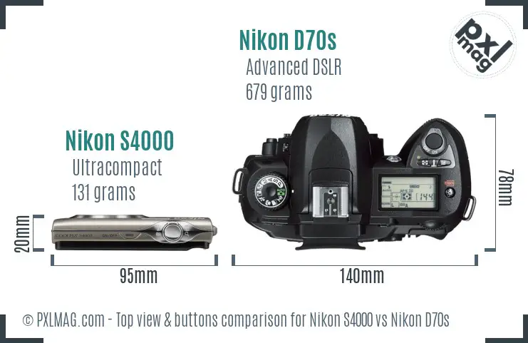 Nikon S4000 vs Nikon D70s top view buttons comparison