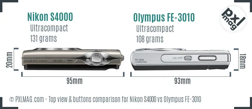 Nikon S4000 vs Olympus FE-3010 top view buttons comparison