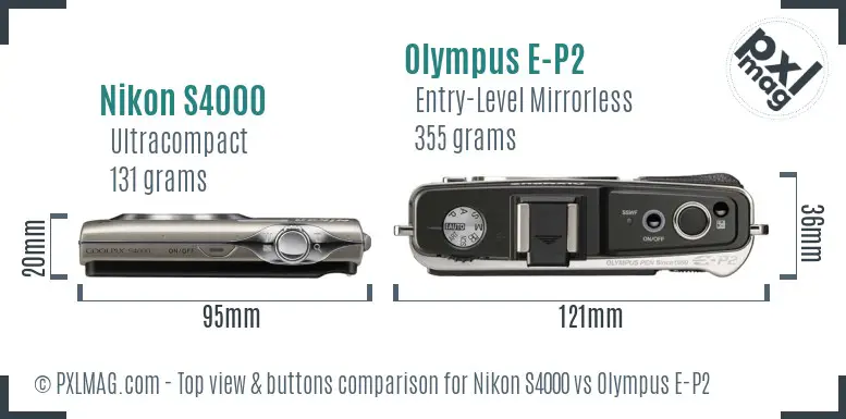 Nikon S4000 vs Olympus E-P2 top view buttons comparison