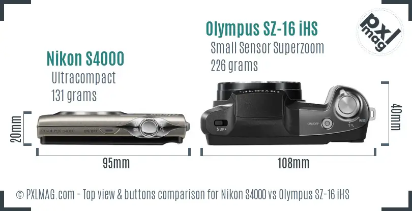 Nikon S4000 vs Olympus SZ-16 iHS top view buttons comparison