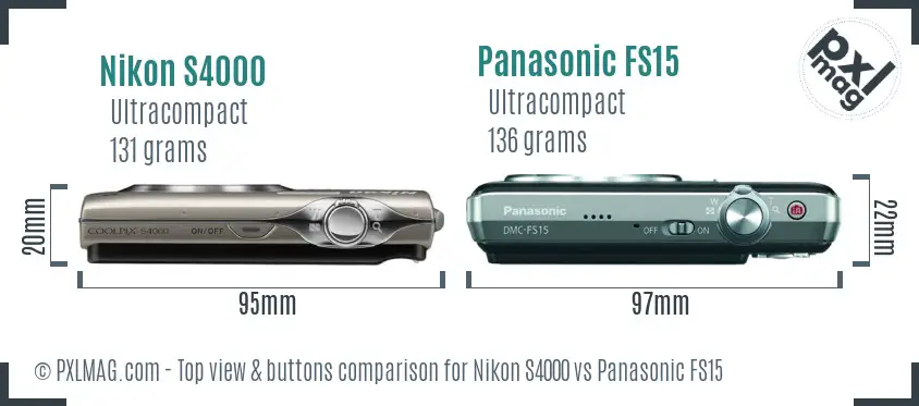 Nikon S4000 vs Panasonic FS15 top view buttons comparison