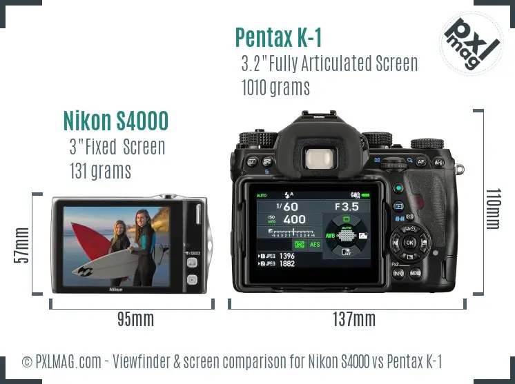 Nikon S4000 vs Pentax K-1 Screen and Viewfinder comparison