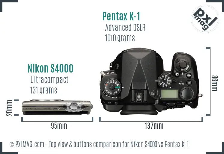 Nikon S4000 vs Pentax K-1 top view buttons comparison
