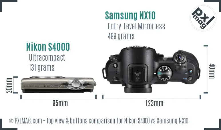 Nikon S4000 vs Samsung NX10 top view buttons comparison