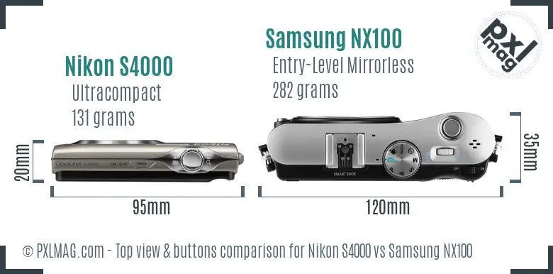 Nikon S4000 vs Samsung NX100 top view buttons comparison